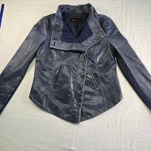 BCBGMAXAZRIA Blue Leather Asymmetrical Moto Jacket Size M
